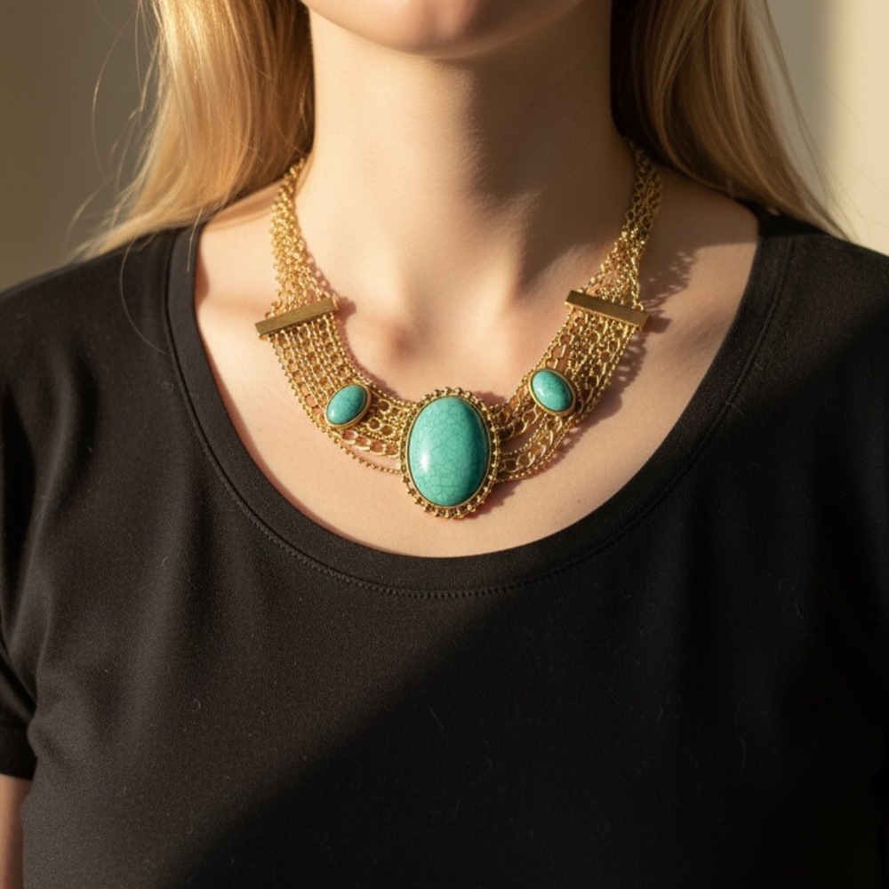 Gold Chain Necklace with Turquoise Cabochons, New